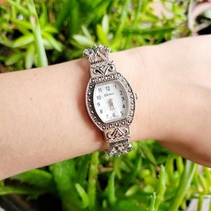 Classic Geneva Quartz Silver Marcasite Cuff Tonneau Barrel Watch